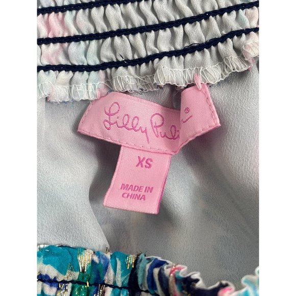 LILLY PULITZER Myri Silk Romper Bright Navy Caught Up sz XZ Off the Shoulder $18 - Picture 4 of 5